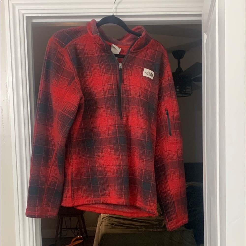 The North Face Red and Black Plaid Fleece Pullover